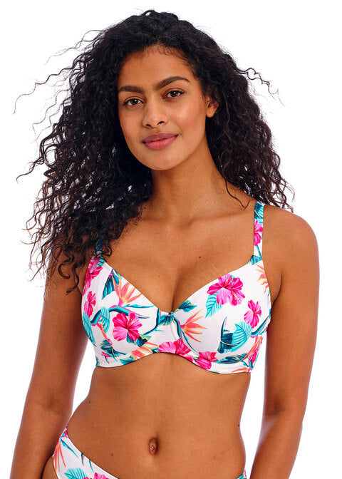 Palm Paradise White UW Plunge Bikini Top